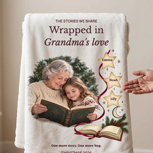 Personalized fleece blanket for Grandma beside an open adult palm, showing its scale