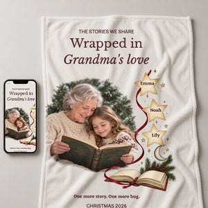 Personalized fleece blanket for Grandma spread out beside a phone showing the same reading photograph