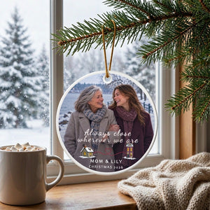 Personalized long distance ornament for Mom hanging from a pine branch beside a snow-covered window in a bright room