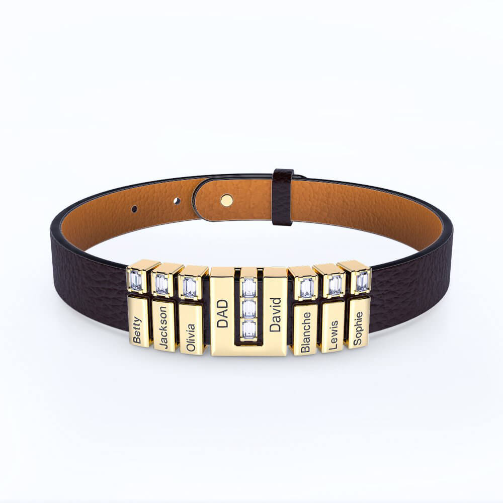 Personalized Leather Bracelet with Engraved Diamond Beads For Dad