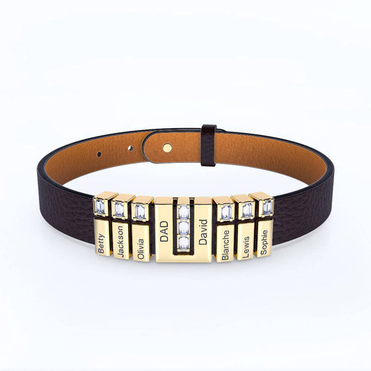 Personalized Leather Bracelet with Engraved Diamond Beads For Dad