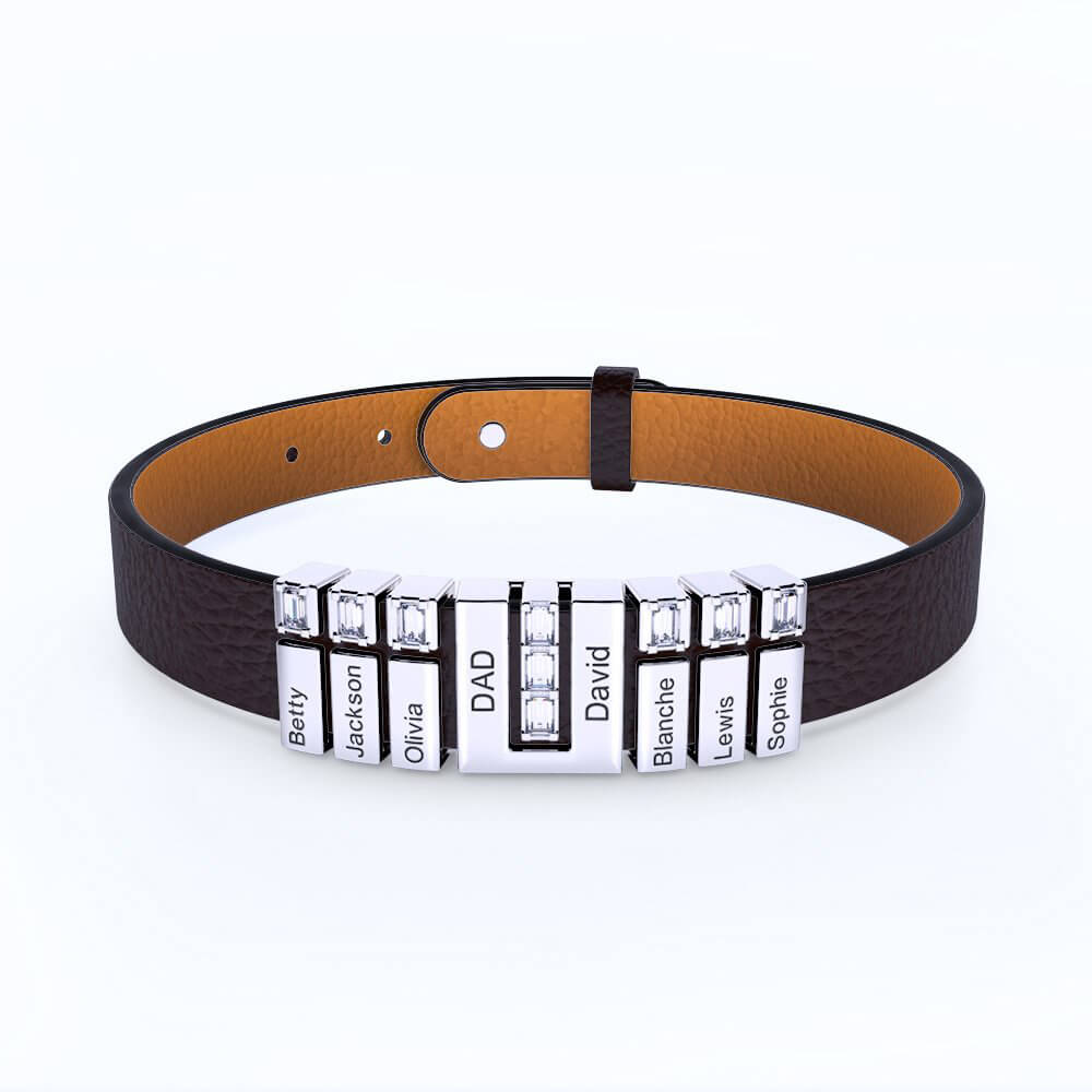 Personalized Leather Bracelet with Engraved Diamond Beads For Dad
