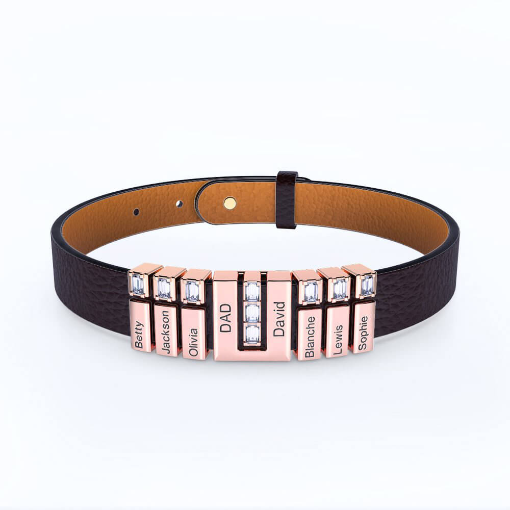 Personalized Leather Bracelet with Engraved Diamond Beads For Dad