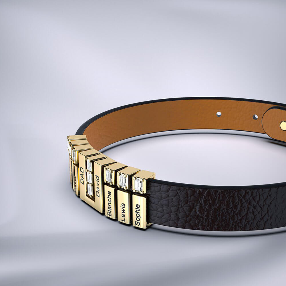Personalized Leather Bracelet with Engraved Diamond Beads For Dad