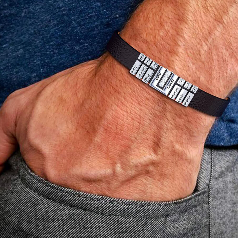 Personalized Leather Bracelet with Engraved Diamond Beads For Dad