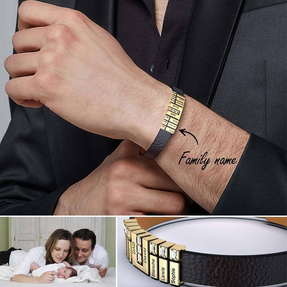 Personalized Leather Bracelet with Engraved Diamond Beads For Dad