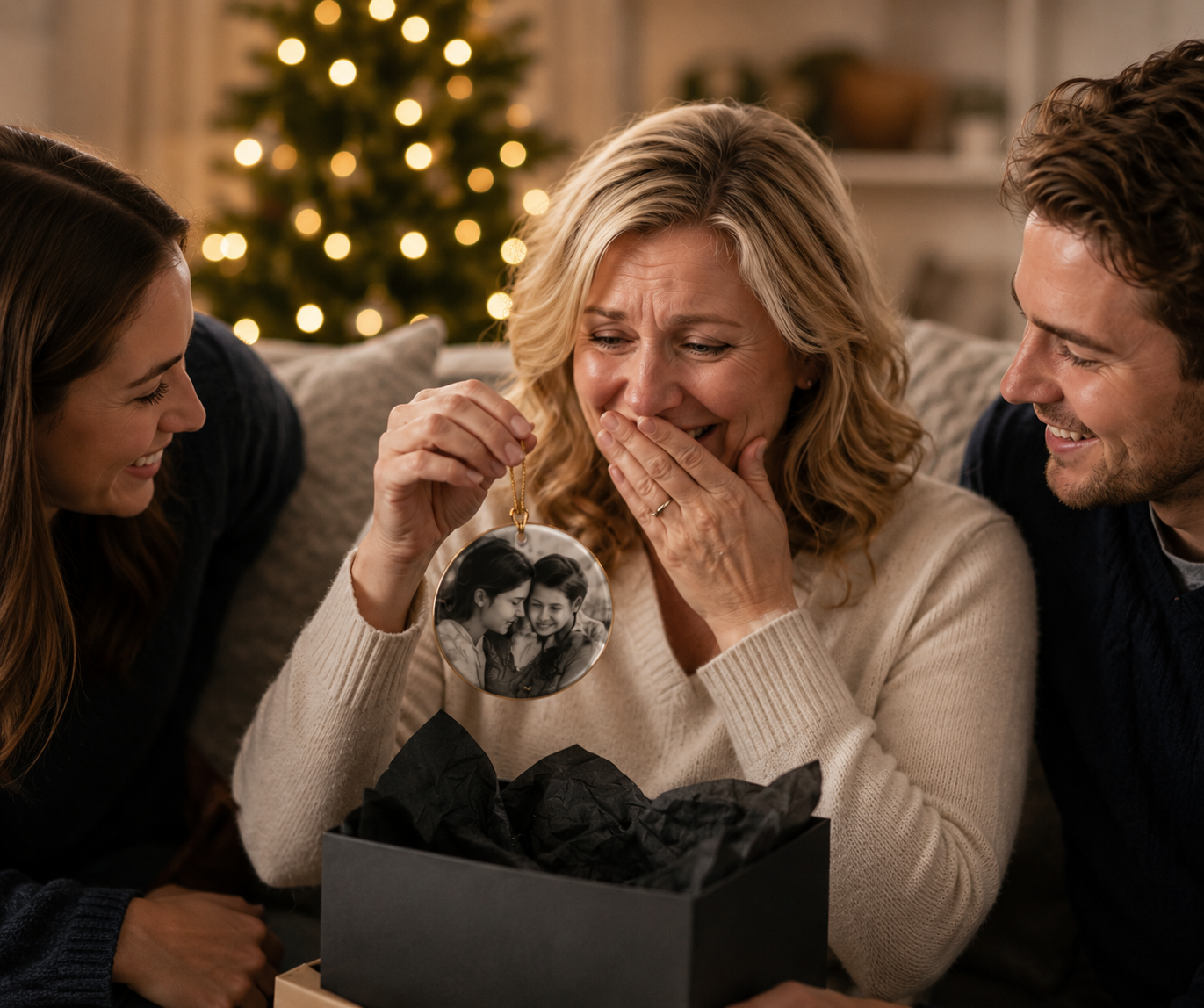Family gifting a personalized ornament during a warm Christmas moment