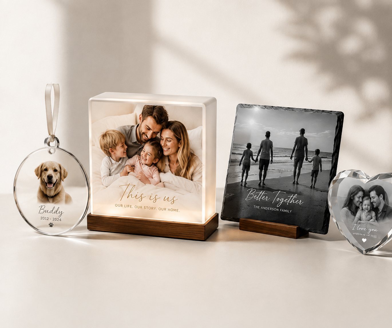Custom memory keepsakes displayed together on a soft neutral tabletop