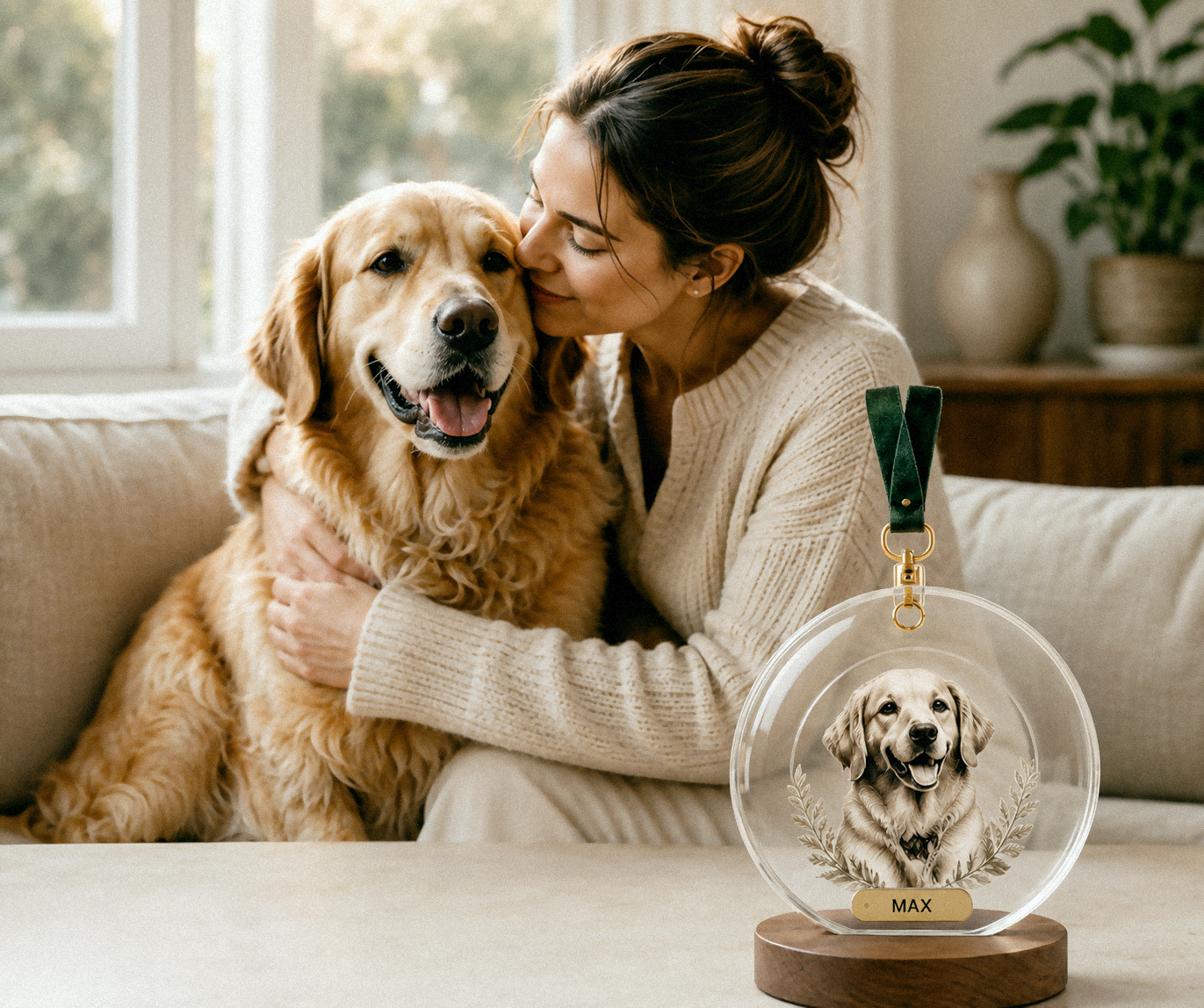 Woman embracing Max, her golden retriever, beside a personalized portrait ornament